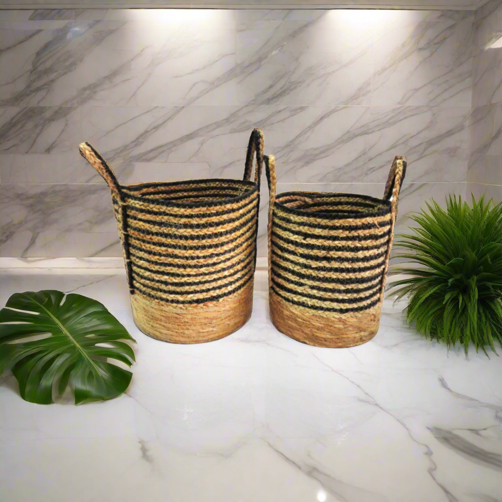 Product Summary: Resort House Baskets Set of 2
Description
Add a touch of natural elegance to your home with the Resort House Baskets Set, featuring woven baskets with black and natural color stripes.
Dimensions
Large basket: 32cm (diameter) x 29cm (height)
Small basket: 27cm (diameter) x 27cm (height)