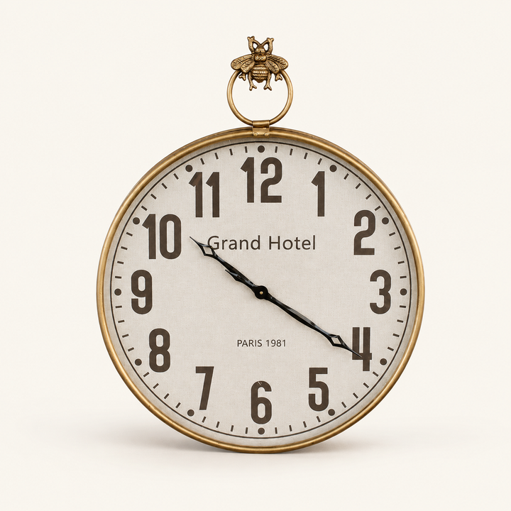 Round Clock with Bee Detail 80 x 60cm, featuring an antique brass finish and vintage Grand Hotel styling.