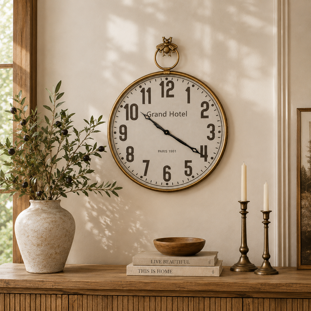 Statement 80 x 60cm wall clock with decorative bee detail, bold numerals and elegant antique brass charm