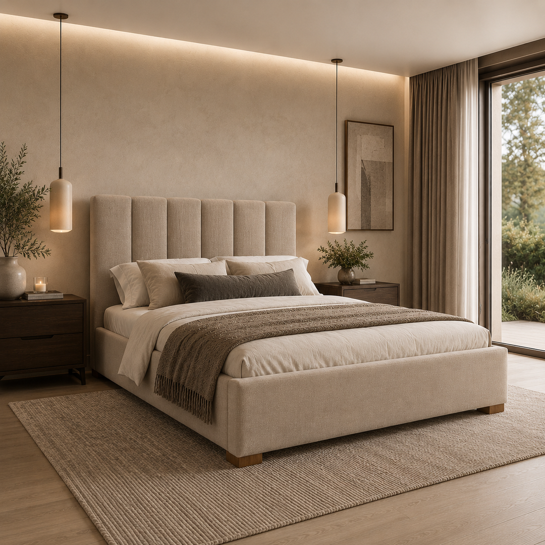 A modern bedroom featuring a large upholstered bed with a tufted headboard, dressed in neutral beige and gray bedding. The room is styled with dark wood nightstands, pendant lights, a textured rug, and a large window looking out onto greenery.