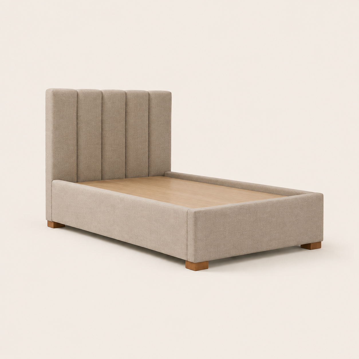 An upholstered bed frame with a tall, vertically channel-tufted headboard in a light beige fabric, featuring a light wood platform base and small wooden feet, shown against a solid cream background.