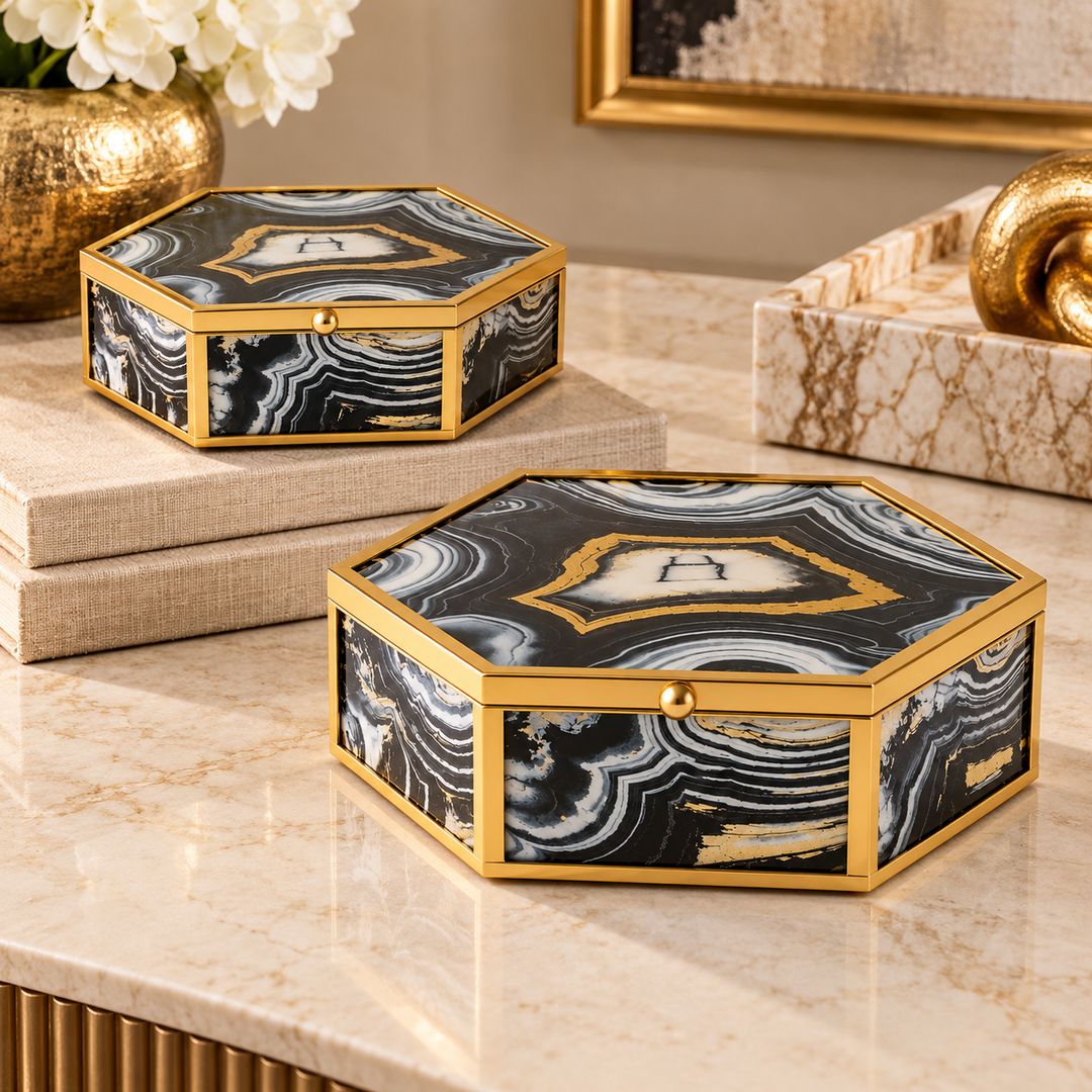 Set of 2 Black &amp; Gold Octagonal Boxes