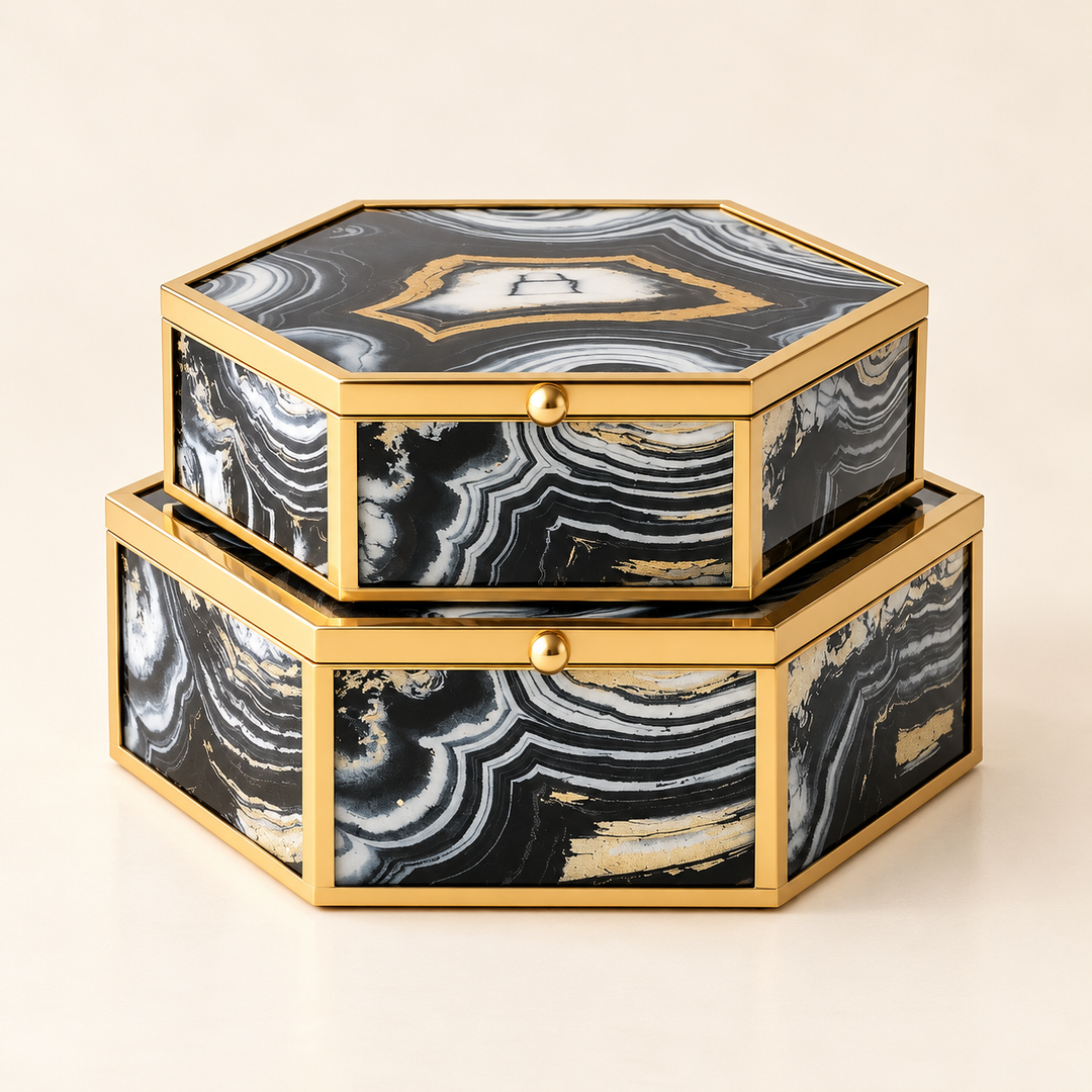 Set of 2 Black &amp; Gold Octagonal Boxes