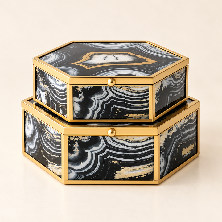 Set of 2 Black &amp; Gold Octagonal Boxes