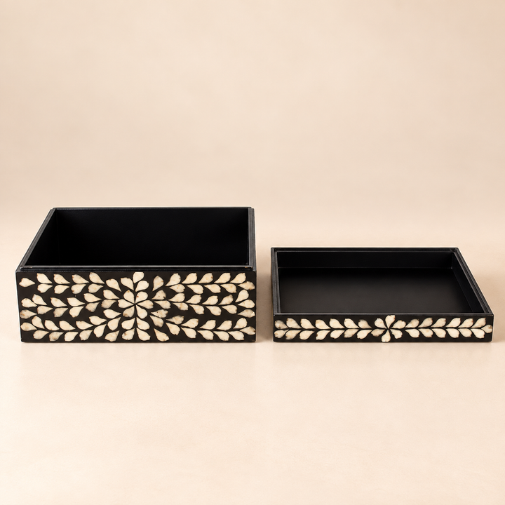 Set of 2 Black &amp; Silver Leaf Capiz Boxes