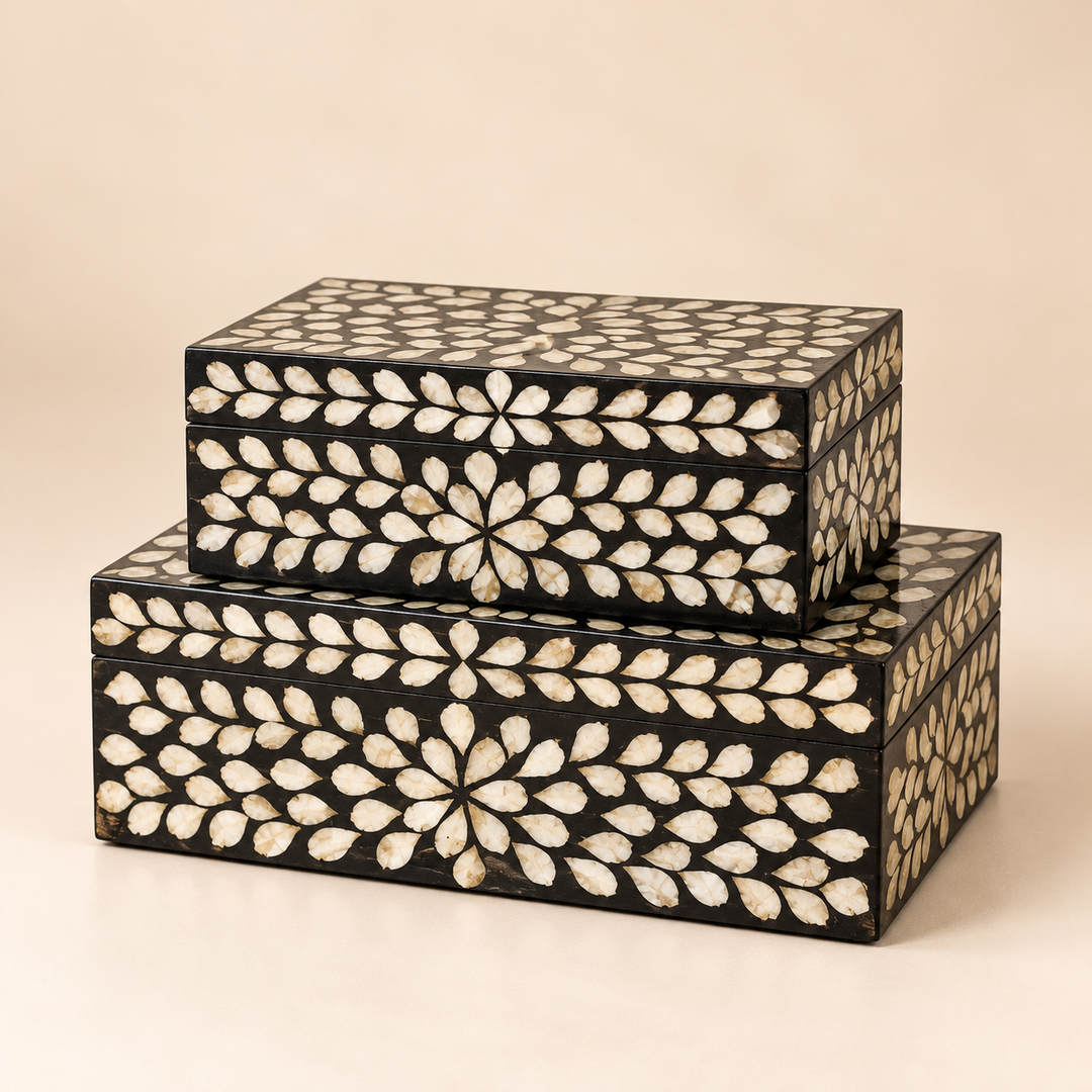Set of 2 Black &amp; Silver Leaf Capiz Boxes