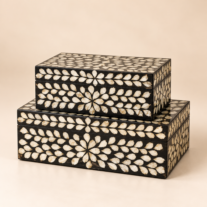 Set of 2 Black &amp; Silver Leaf Capiz Boxes