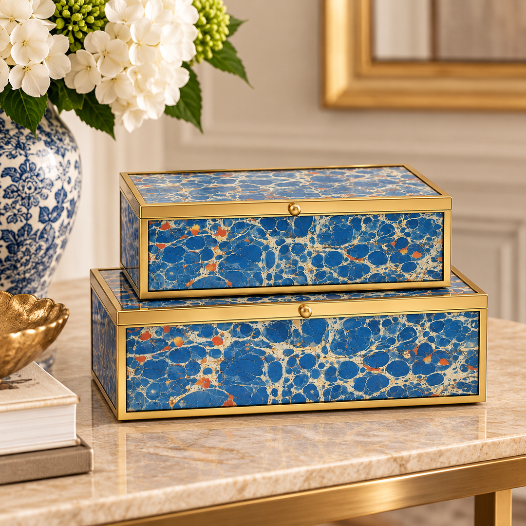Set of 2 Blue &amp; Gold Rectangular Boxes