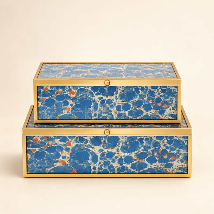 Set of 2 Blue &amp; Gold Rectangular Boxes