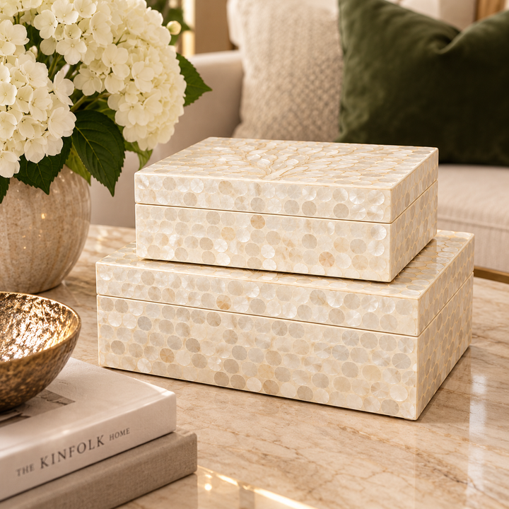 Set of 2 Cream &amp; Ivory Colour Capiz Boxes.