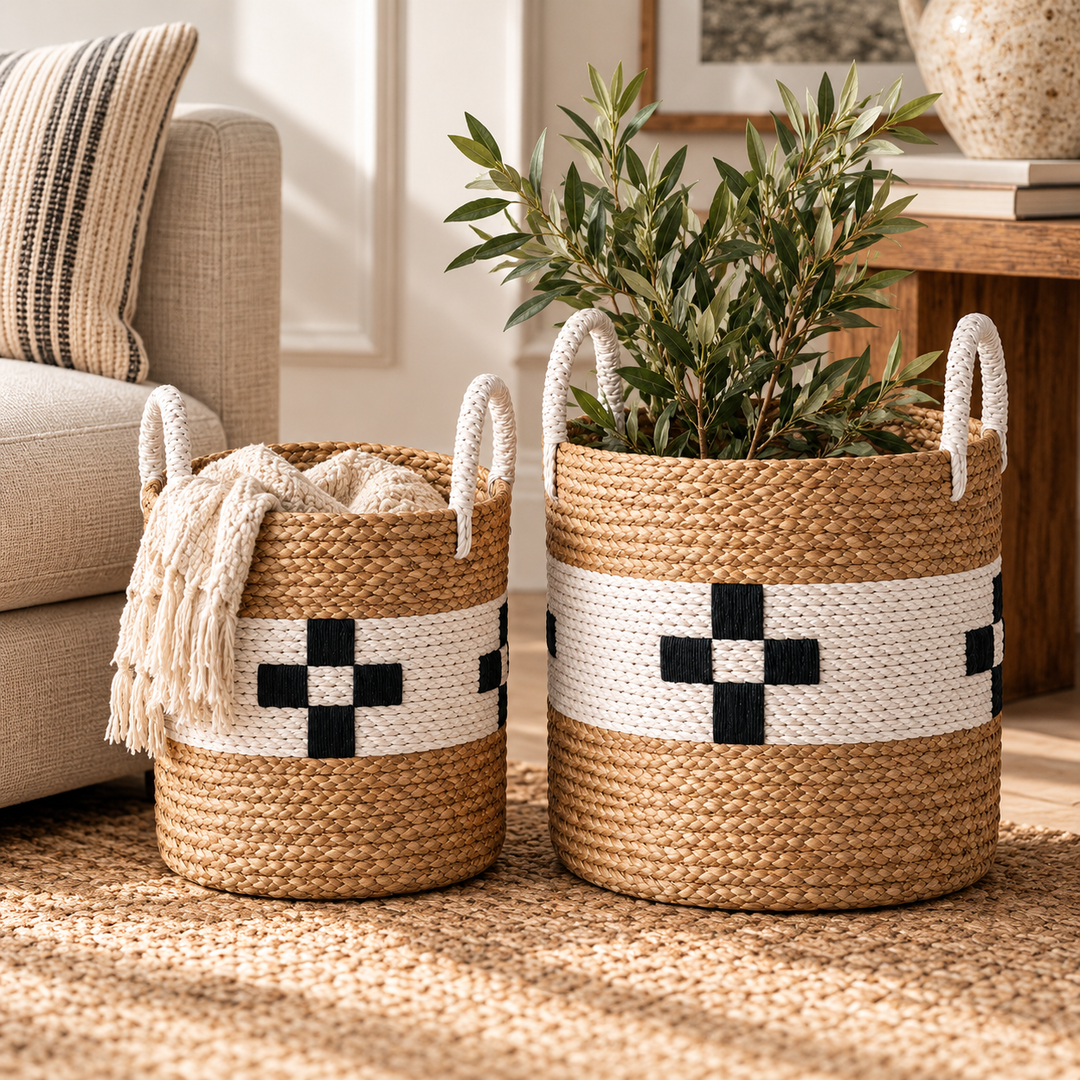 Set of 2 Natural Black &amp; White Check Baskets