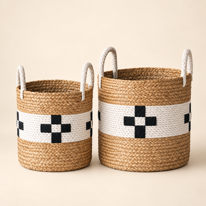 Set of 2 Natural Black &amp; White Check Baskets