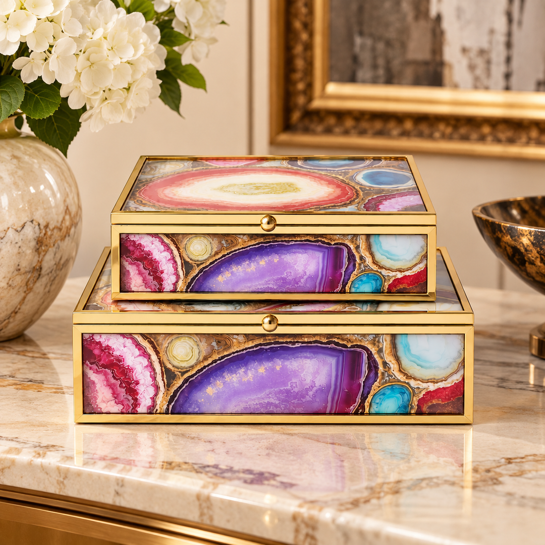 Set of 2 Rectangular Multi Colour &amp; Purple Boxes