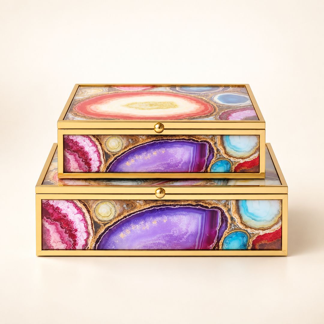 Set of 2 Rectangular Multi Colour &amp; Purple Boxes