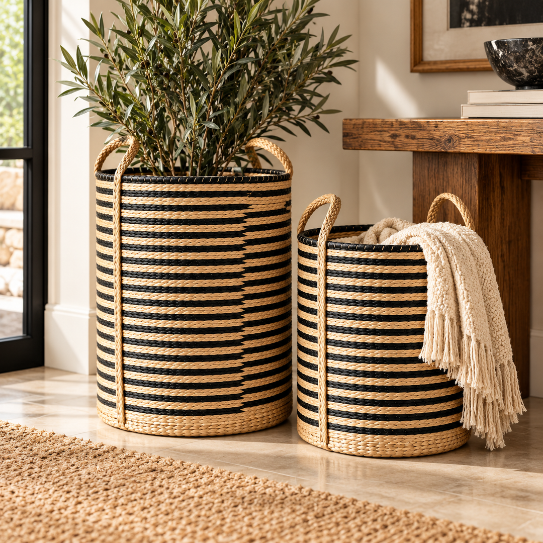 Set of 2 Tall Black &amp; Natural Seagrass Baskets