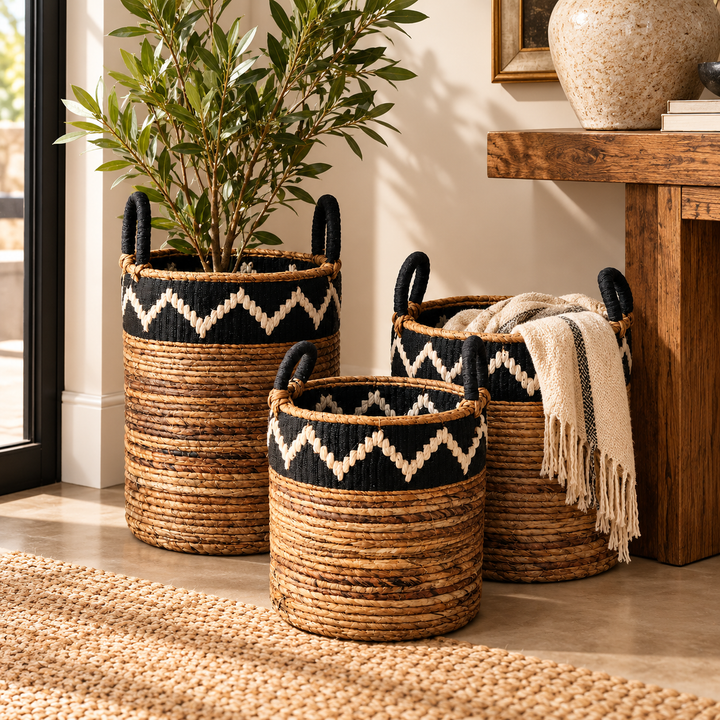 Set of 3 Black &amp; White Zigzag Baskets