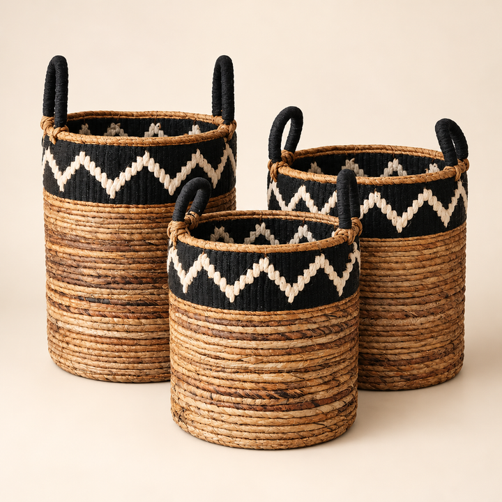 Set of 3 Black &amp; White Zigzag Baskets