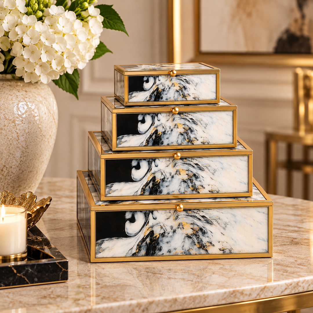 Set of 4 Black &amp; Gold Boxes