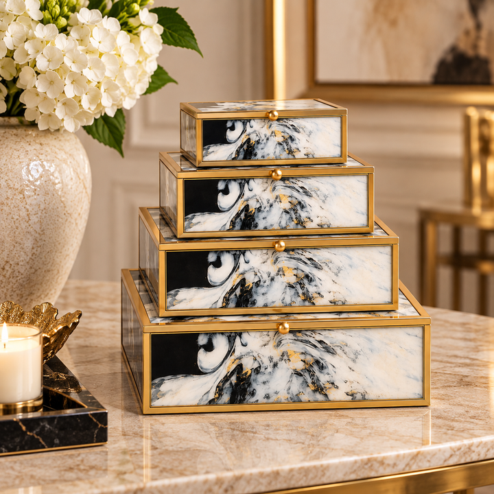 Set of 4 Black &amp; Gold Boxes