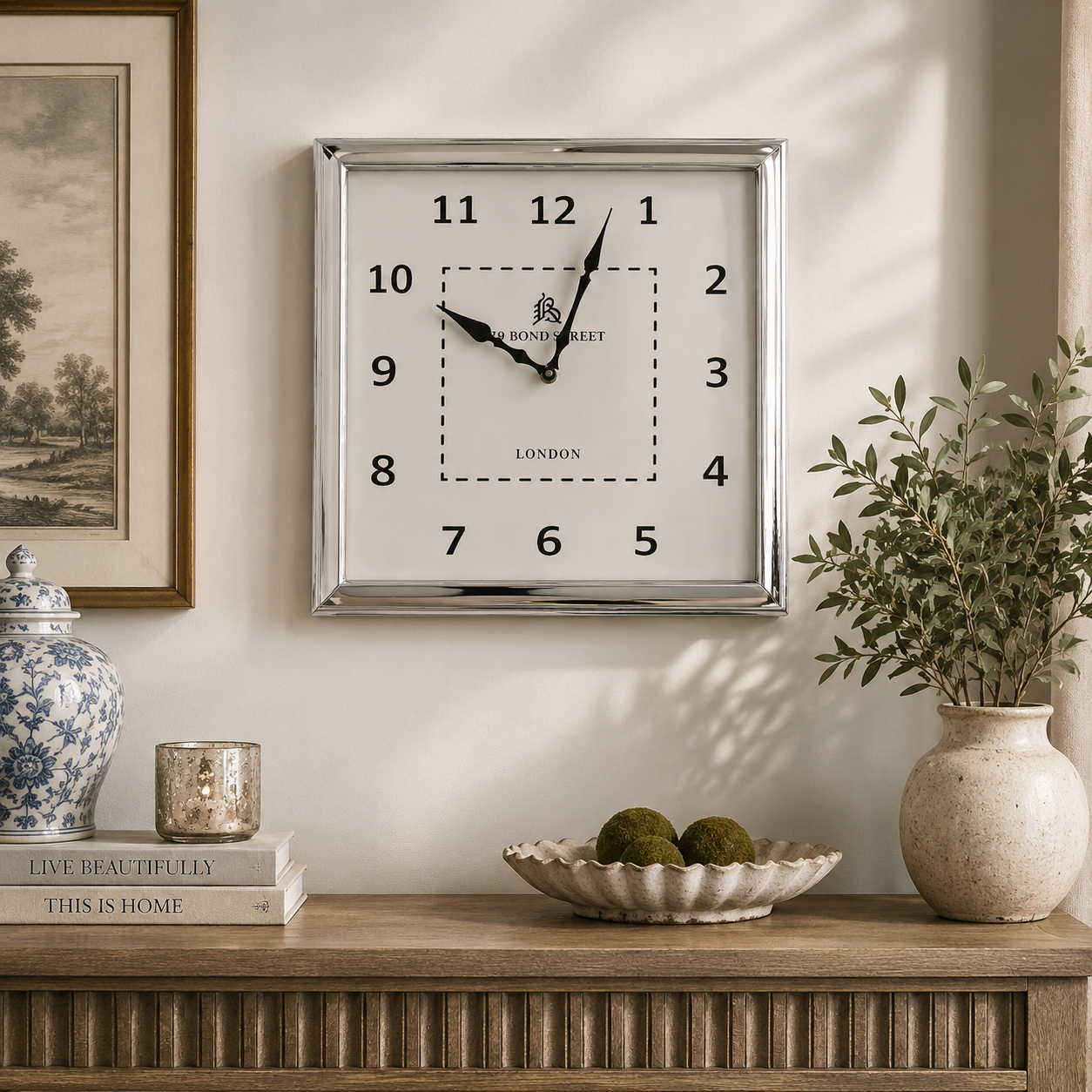 Add timeless style to your wall with this Silver Square Clock 35x35cm, featuring an elegant silver finish.