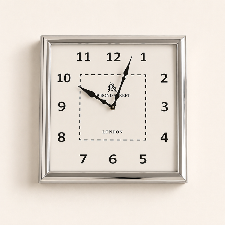 Silver Square Wall Clock 35x35cm, combining practical timekeeping with sophisticated decorative appeal.