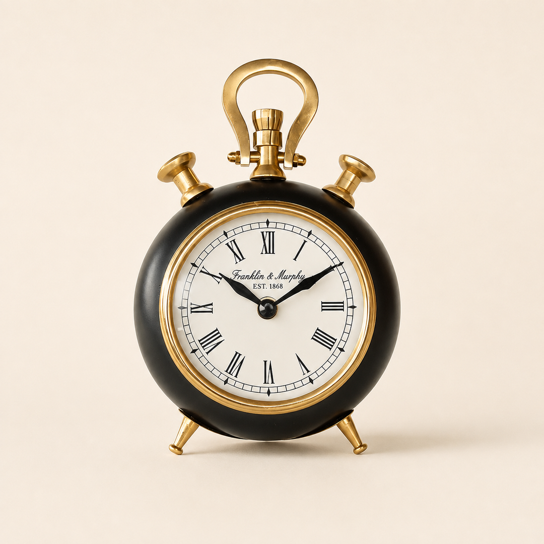Elegant Black &amp; Brass Table Clock 21x13cm, perfect for consoles, shelves, desks and bedside styling.