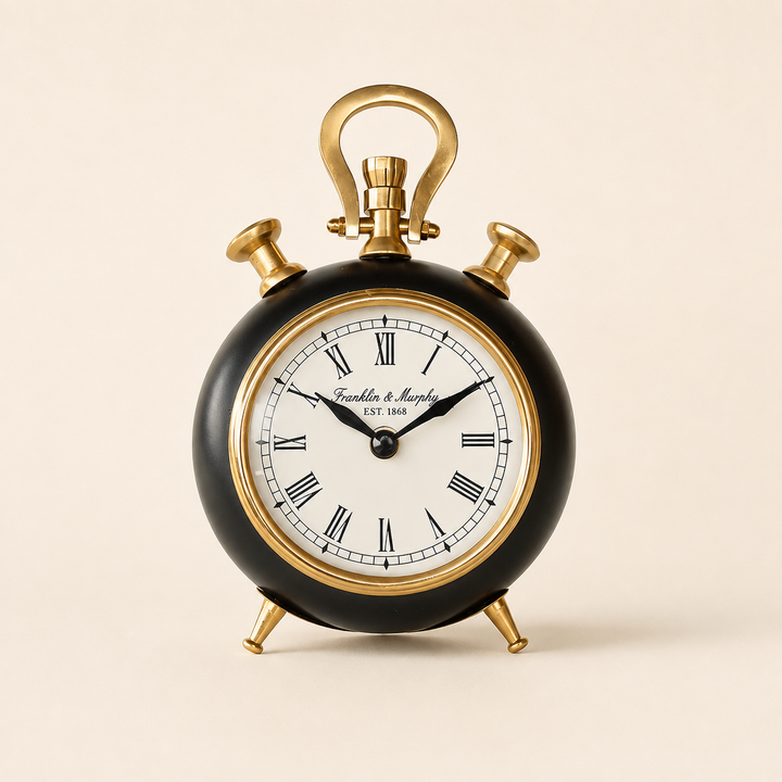 Elegant Black &amp; Brass Table Clock 21x13cm, perfect for consoles, shelves, desks and bedside styling.