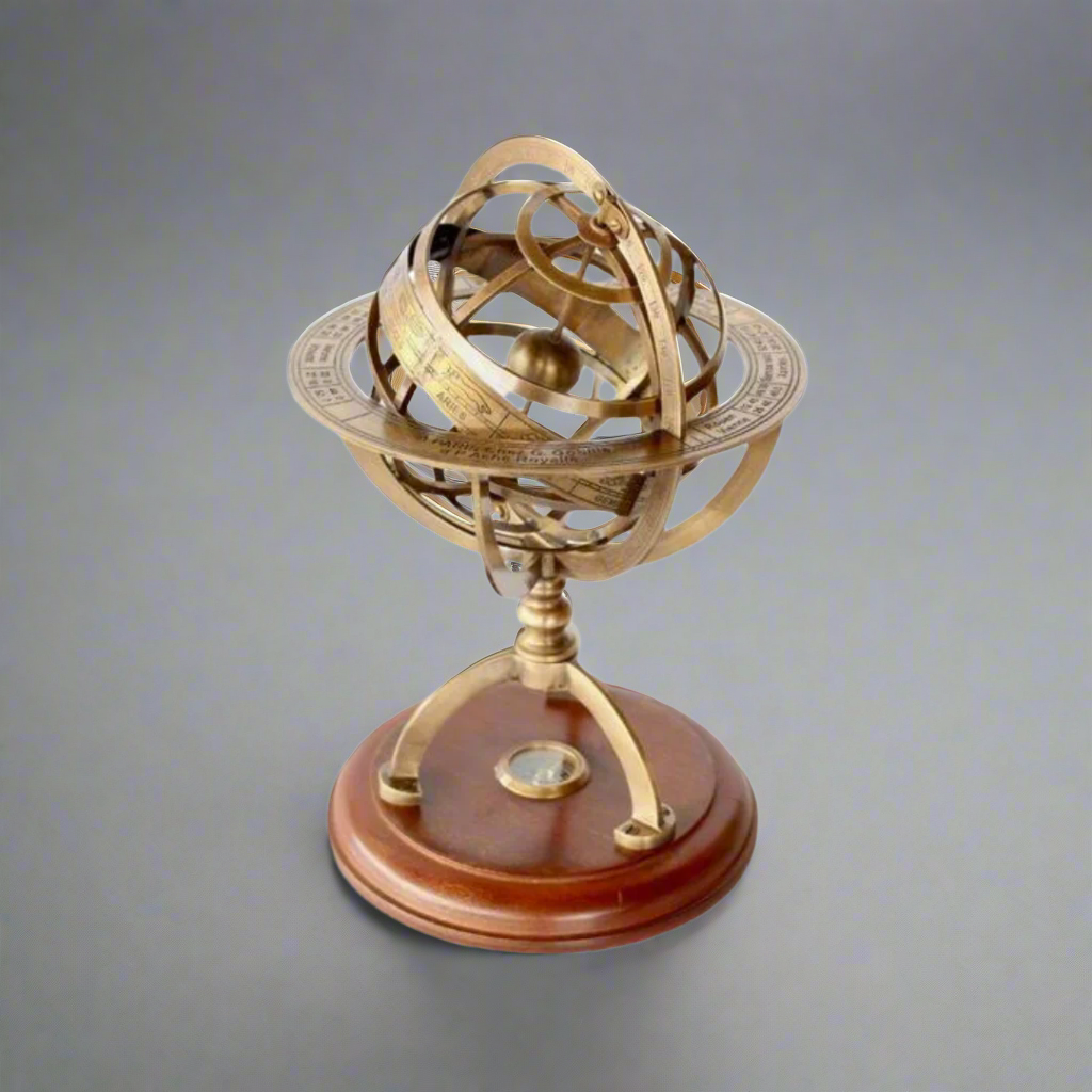Small Brass Armillary Star Sign and Compass
Elevate your study with this beautifully crafted small brass armillary star sign and compass. This intricately designed piece features a skeletal celestial sphere, showcasing the Earth's or Sun's position at its center. Unique Boys.