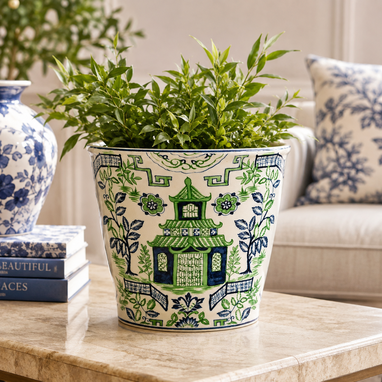 Small Green & Blue Pagoda Planter 16x17cm, featuring an elegant ceramic design for stylish décor.