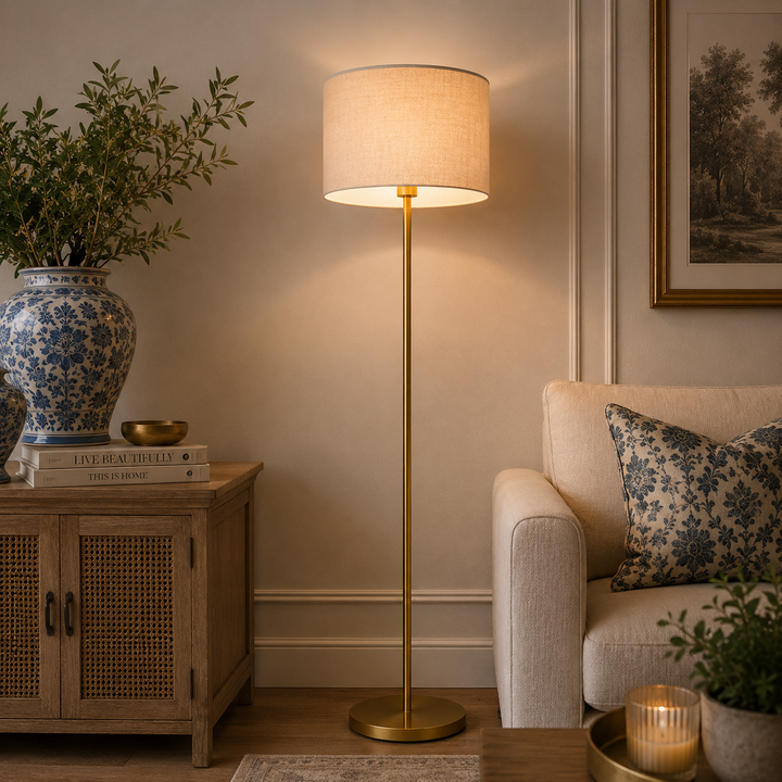 Shop the Solana Floor Lamp, combining a modern black frame with a natural woven shade for elegant lighting.