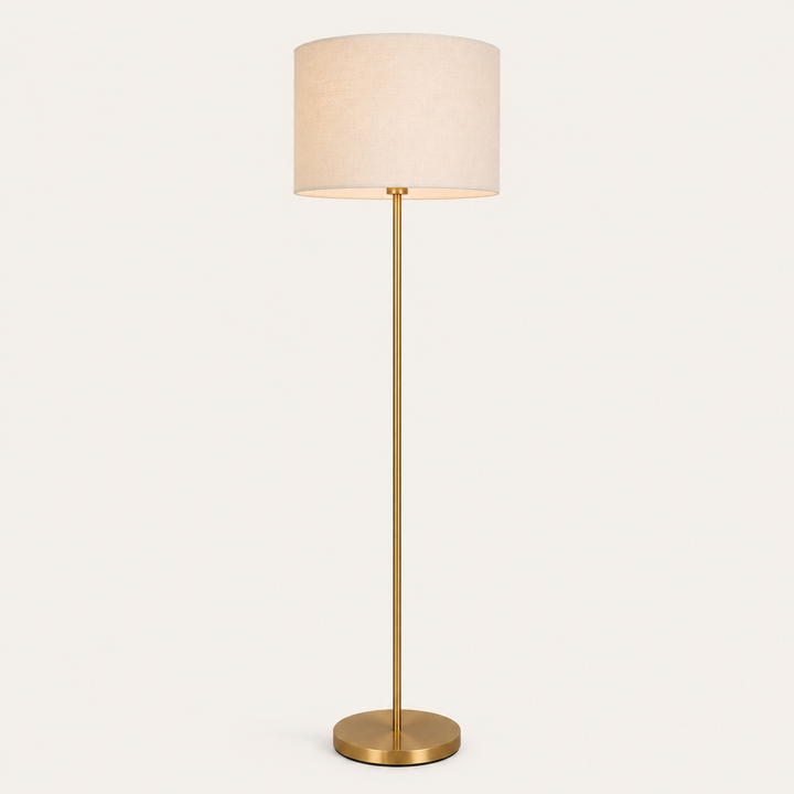 Solana Floor Lamp with woven shade brings warm ambient lighting and contemporary style to any living space.