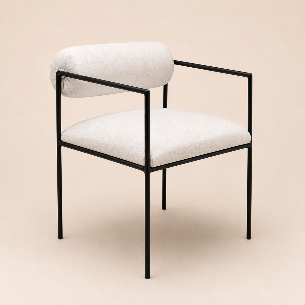 Modern upholstered occasional chair with a slim black powder-coated steel frame, cream textured fabric seat and cylindrical backrest, photographed on a warm ivory studio background. The minimalist chair features clean geometric lines, soft rounded upholstery, and a contemporary design ideal for dining rooms, offices, lounges, or modern interiors.