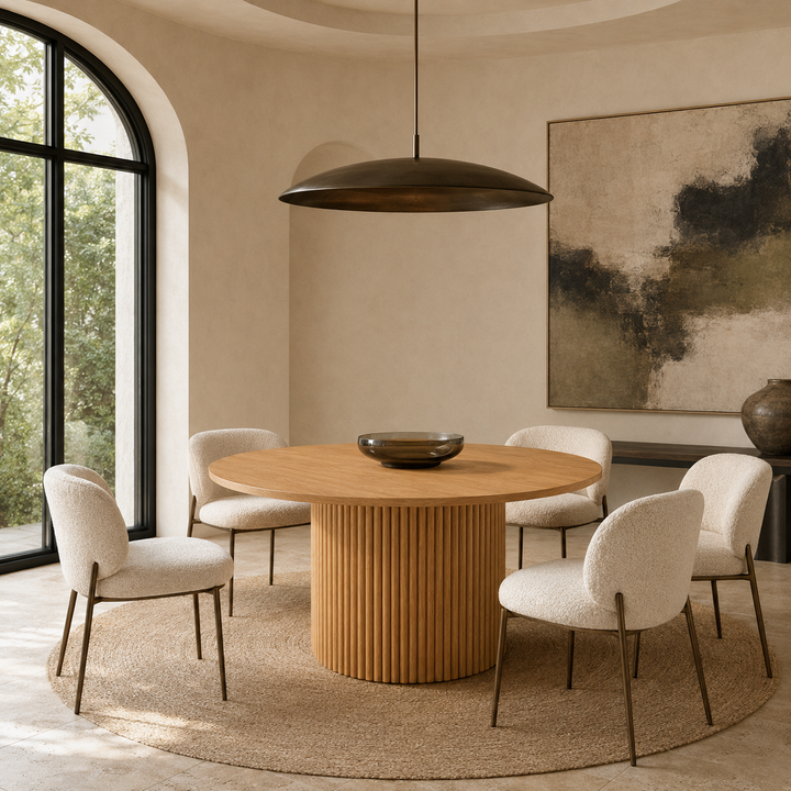 Luxury round oak dining table with a dark Rubio Monocoat finish