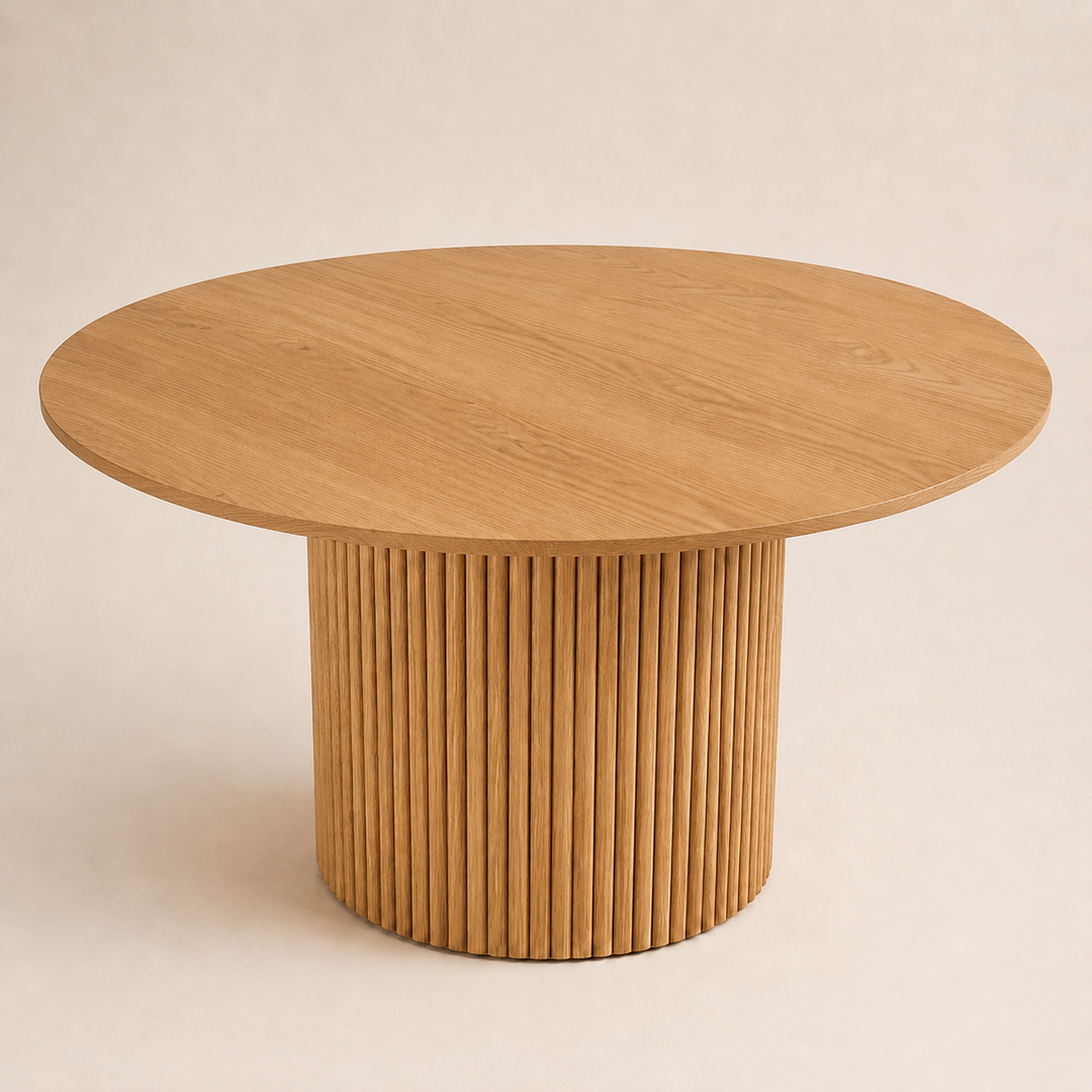 Bespoke solid oak dining table with a round slatted pedestal base