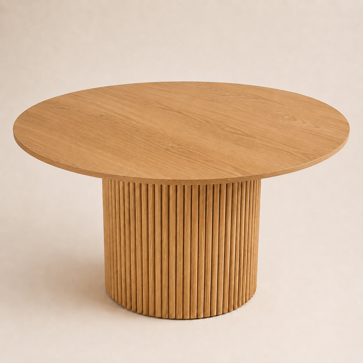 Bespoke solid oak dining table with a round slatted pedestal base
