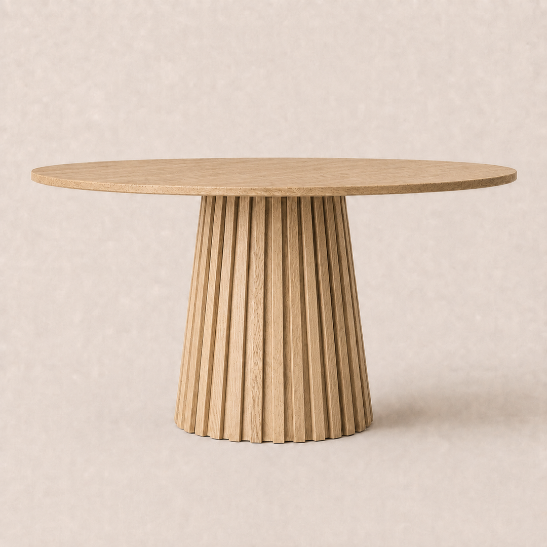 Luxury round oak dining table with a sculptural slatted pedestal base