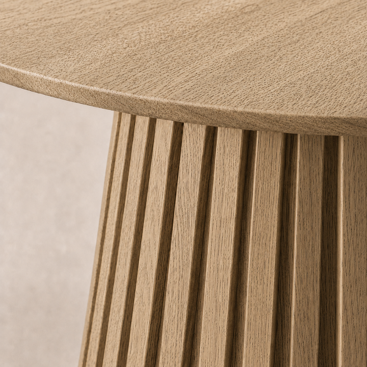 Sussex solid oak slatted round dining table handcrafted by Unique Boys