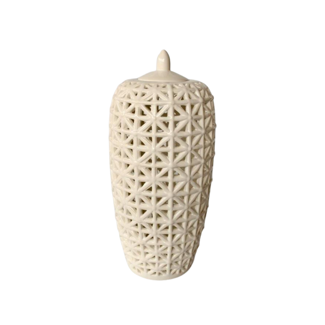 Tall White Criss Cross Cut-Out Jar with Lid. Add a touch of sophistication to your space with the Tall White Criss Cross Cut-Out Jar with Lid. This beautifully crafted piece measures 45x20cm and features a stunning criss-cross design that adds depth and visual interest. The glossy white finish is both versatile and timeless, making it perfect for various decor styles.www.uniqueboys.co.za