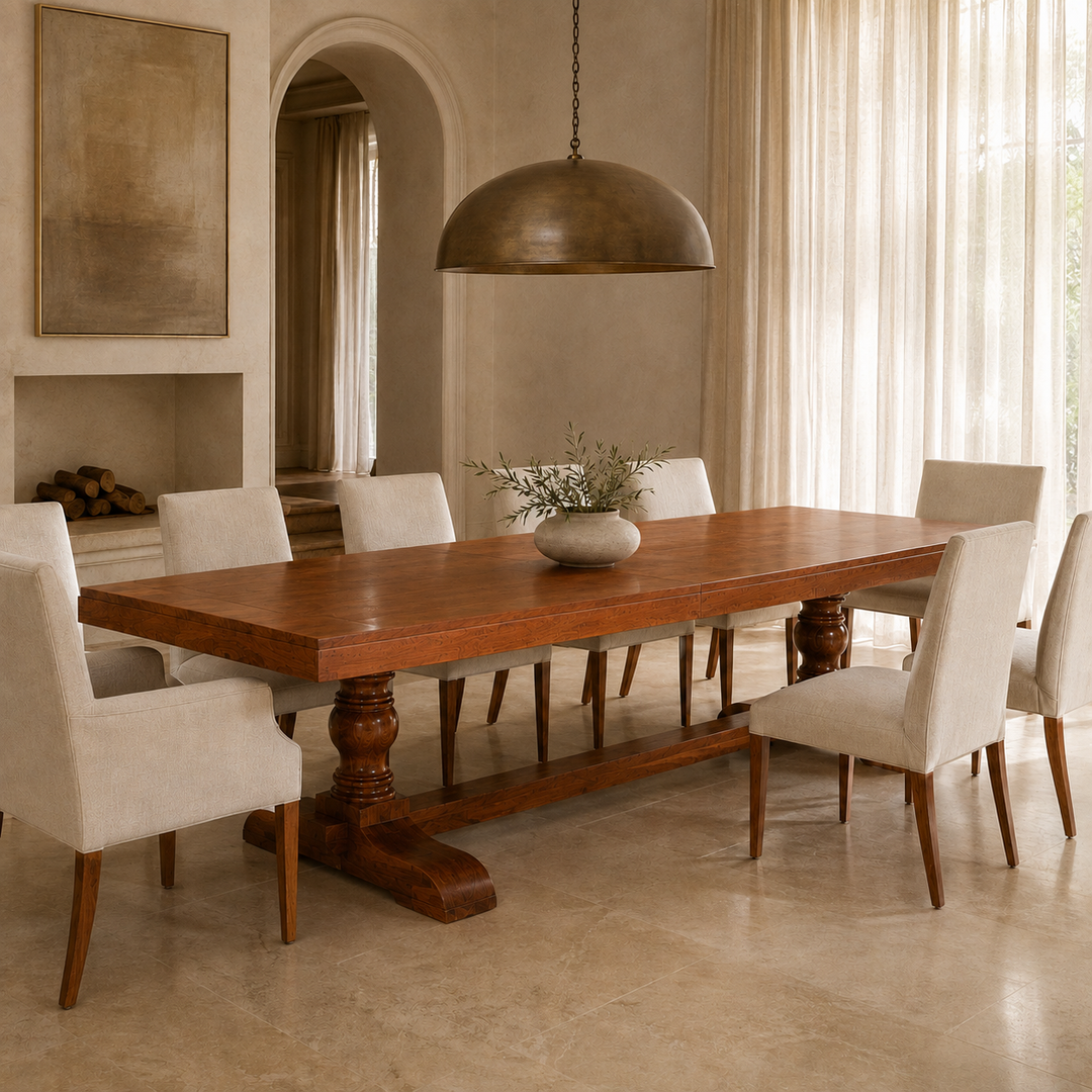 Luxury bespoke Teak Centre Turned Leg Dining Table handcrafted in South Africa by Unique Boys