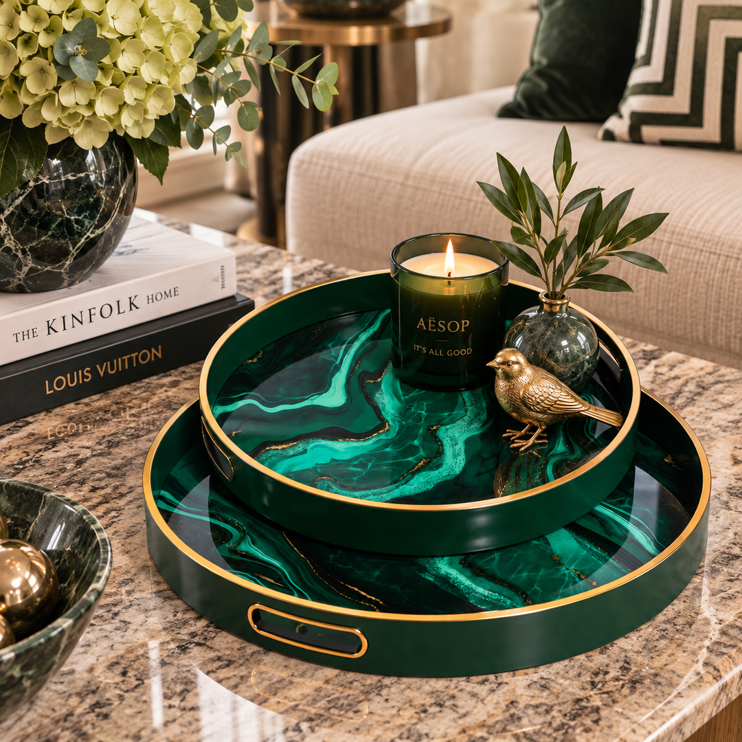 Tray Acrylic Round Agate Green Set of 2