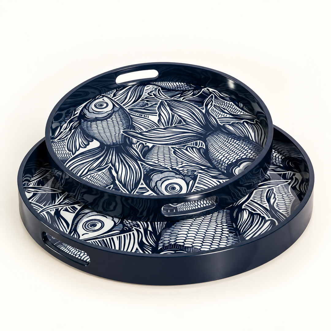 Tray Acrylic Round Navy Fish Set of 2