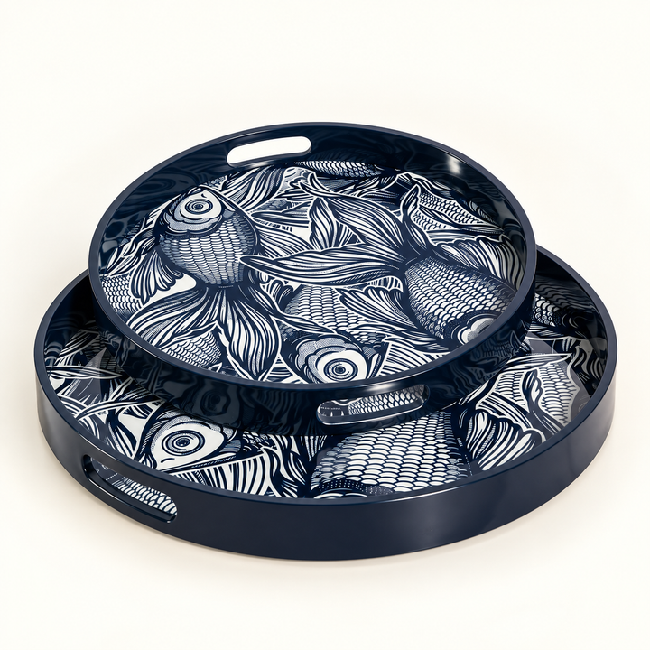 Tray Acrylic Round Navy Fish Set of 2