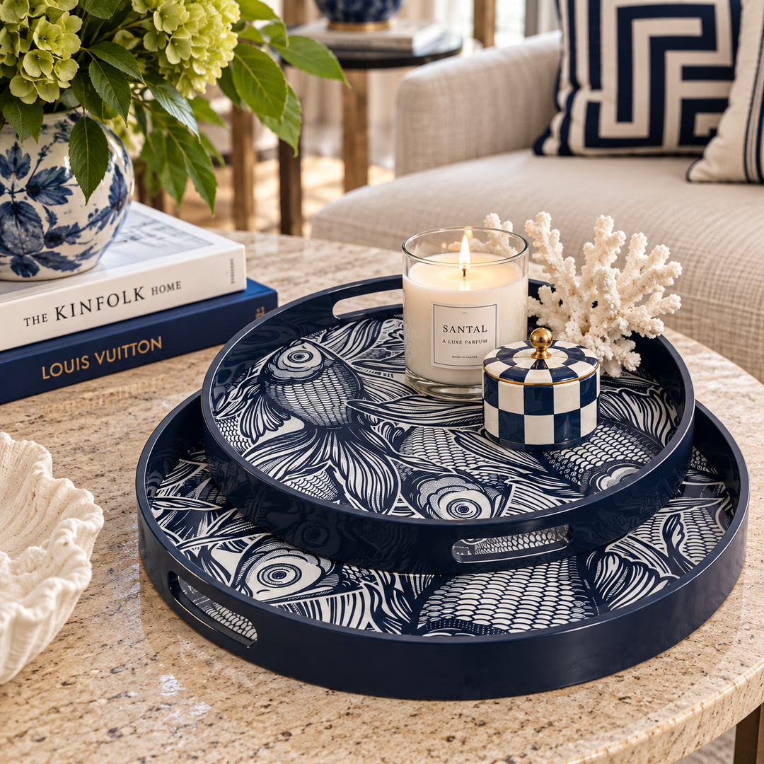 Tray Acrylic Round Navy Fish Set of 2