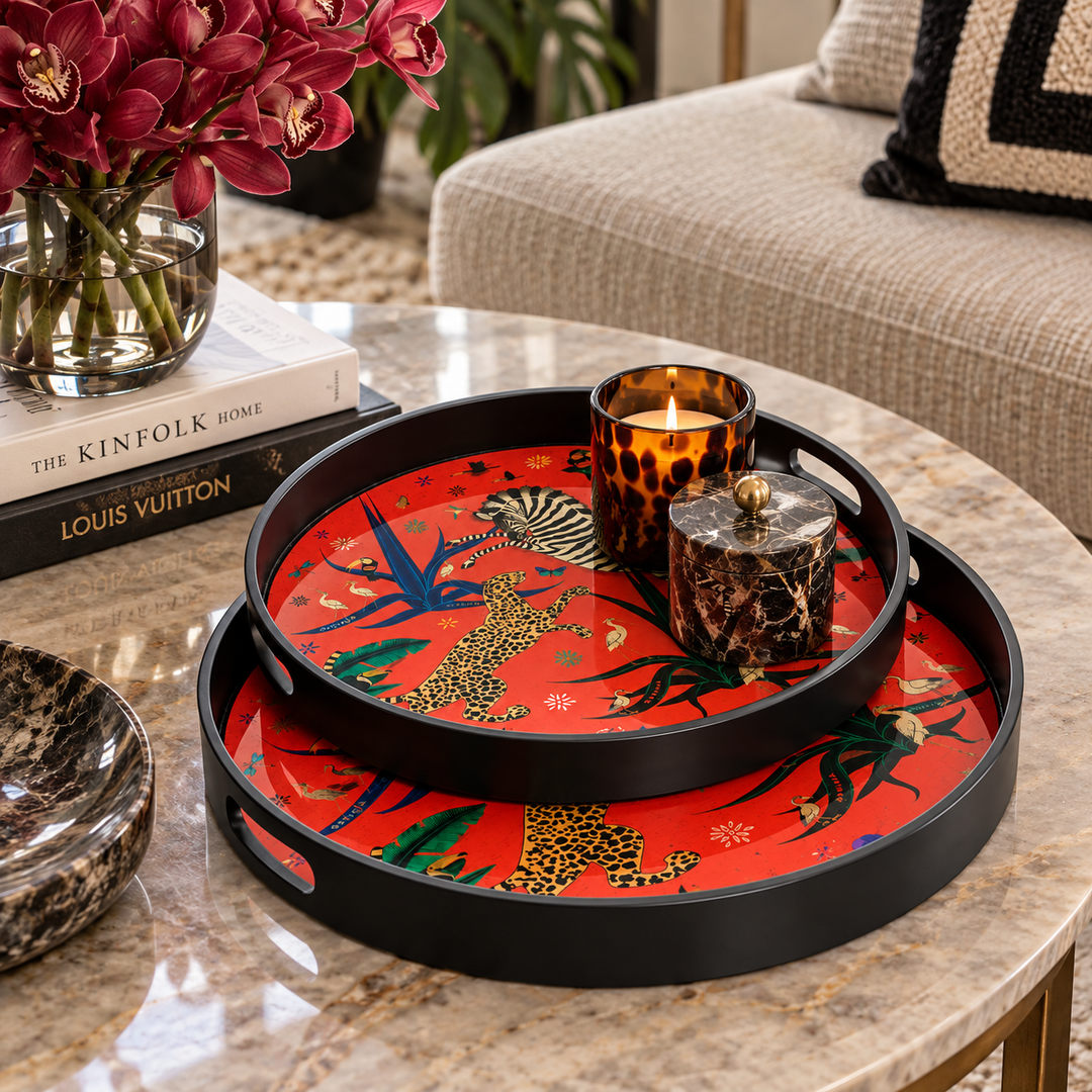 Tray Acrylic Round Zebra Chaos Red Set of 2