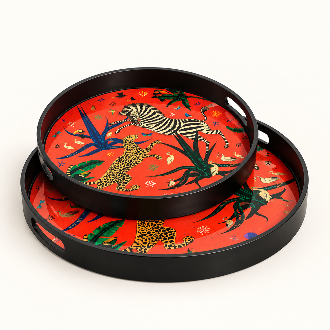 Tray Acrylic Round Zebra Chaos Red Set of 2