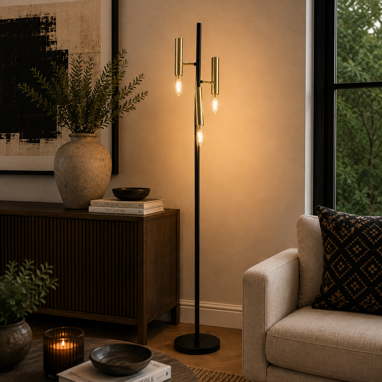 Triple Floor Lamp 1570mm high with adjustable width, combining black metal and gold detail for modern homes.