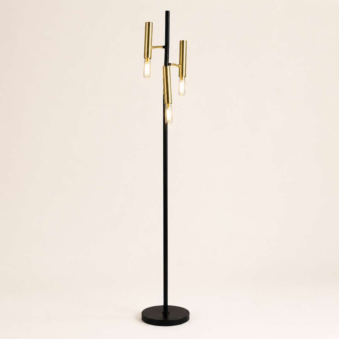 Add contemporary style with the Triple Floor Lamp, featuring adjustable gold lights on a slim black frame.