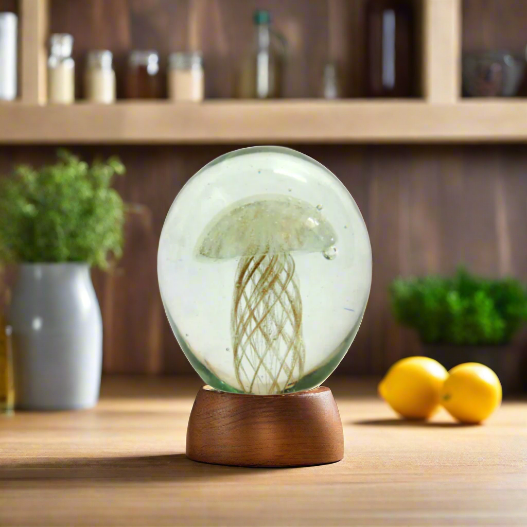 Unicornia Glass Orb
Discover the magic of Unicornia with this stunning glass orb. Handmade and heavy, it features a mesmerizing golden jellyfish with copper tentacles inside. Admire its intricate details and unique composition.