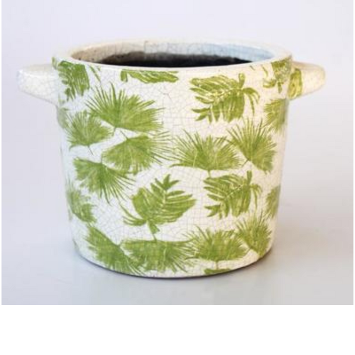 Medium Green Leaf Distressed Planter with Handle