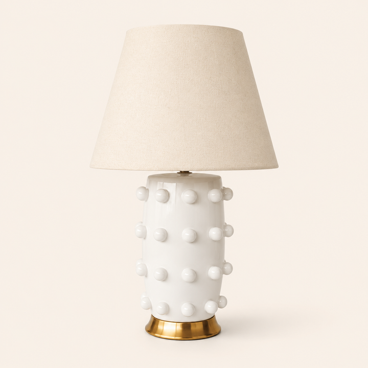 Shop the White Ceramic Knob Lamp 71x45cm with brass accents and a beige shade for timeless home styling.
